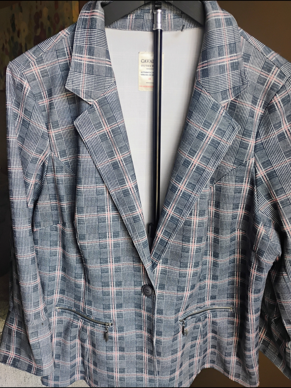 Cavalini Gray & Pink Plaid Single-Button Blazer. Size 1X.
